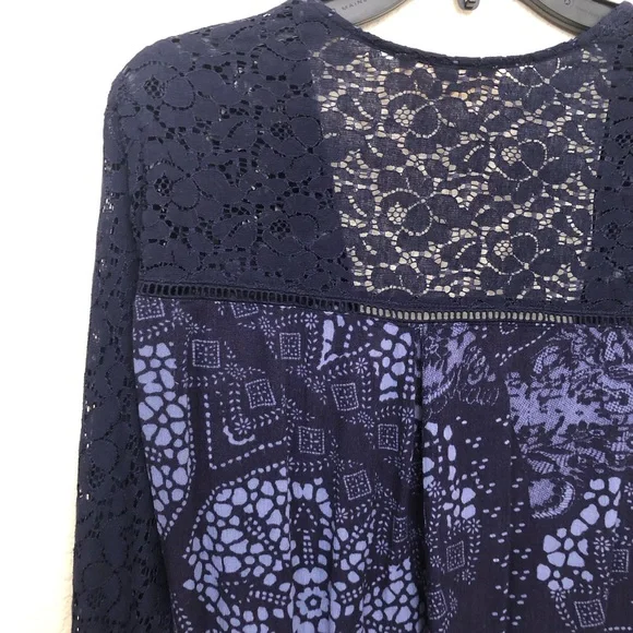 LOVESTITCH Womens Large Bell Sleeve Mixed Media Cross Front Blouse Top NWOT Blue - Picture 11 of 14
